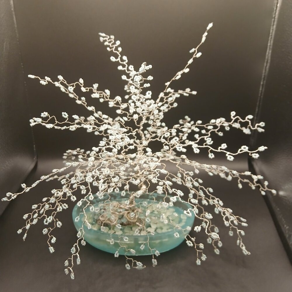 Beaded Bonsai Wire Tree - Blue Beads & Silver Wire, Glow in the Dark resin base
